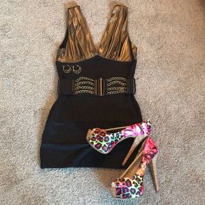 Flawless Gold & Black Bandage Dress With Belt “L”